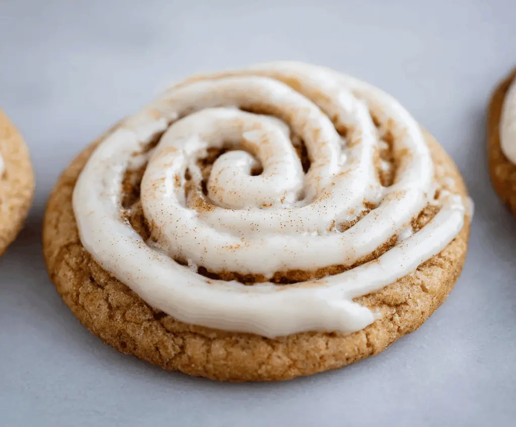 Delicious cinnamon roll cookie with swirled cinnamon filling and sweet glaze on top.