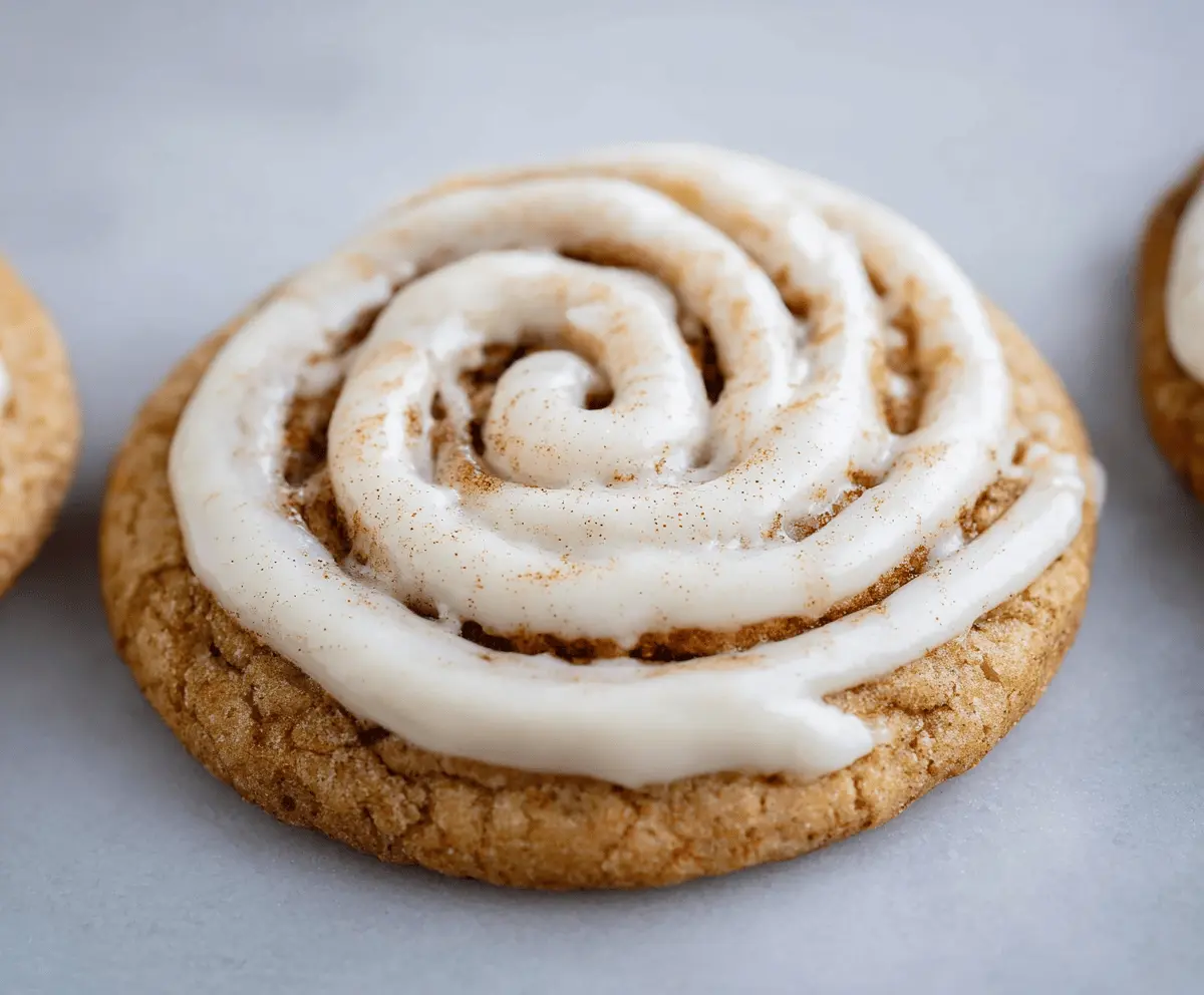 Delicious cinnamon roll cookie with swirled cinnamon filling and sweet glaze on top.