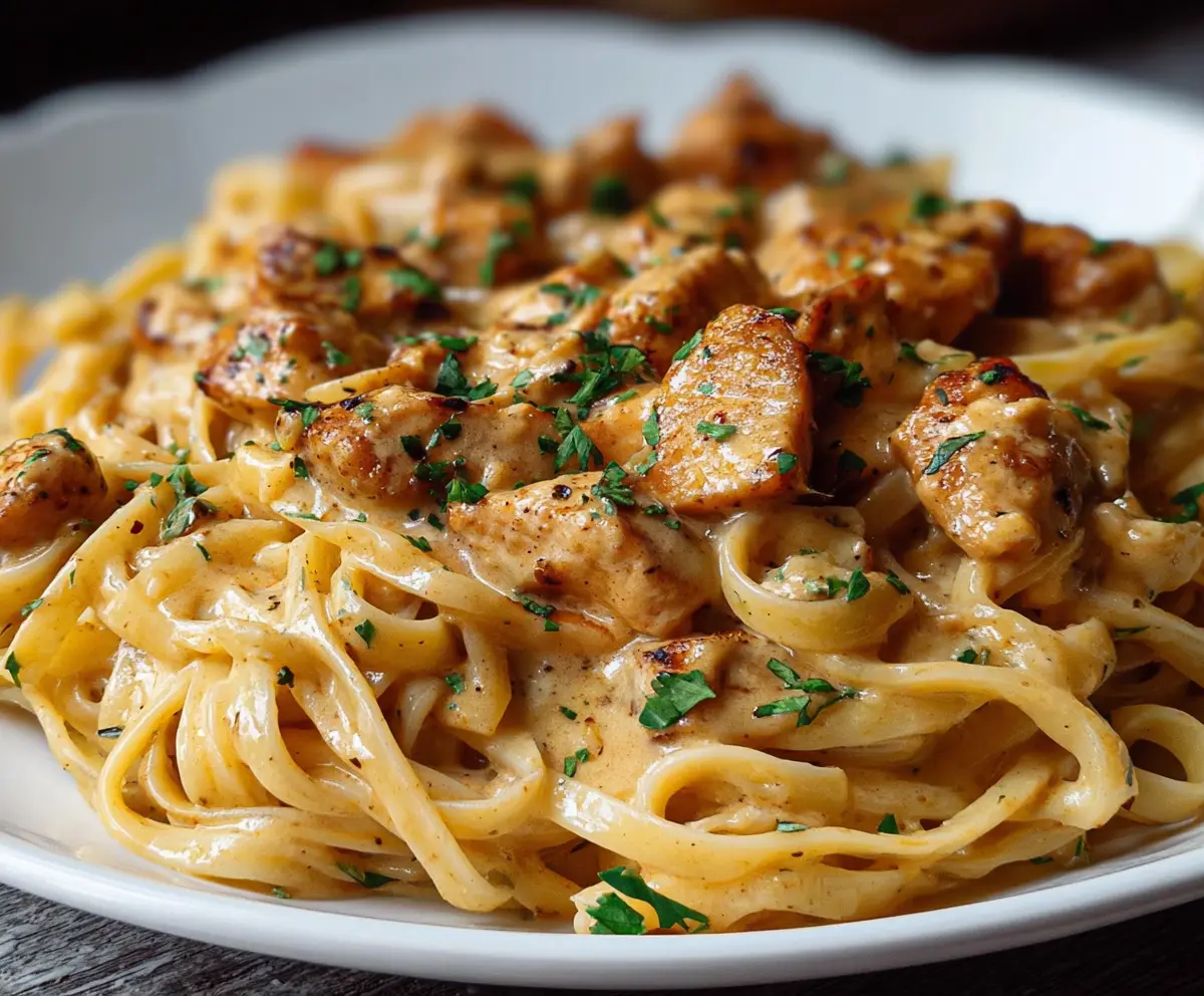 Creamy Cowboy Butter Chicken Linguine topped with fresh herbs on a white plate