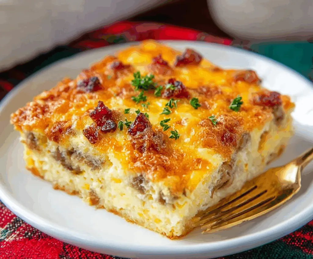 Delicious Crack Breakfast Casserole with eggs, cheese, and sausage in a baking dish