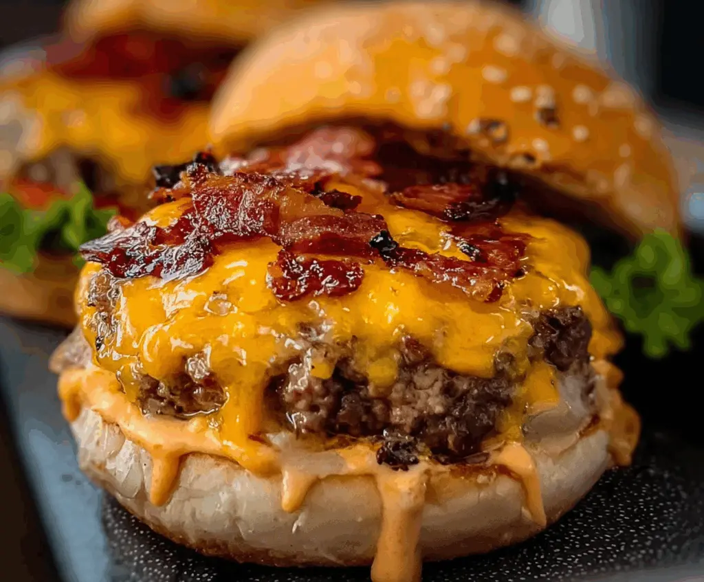 Delicious Crack Burgers with melted cheese and crispy bacon on a sesame seed bun
