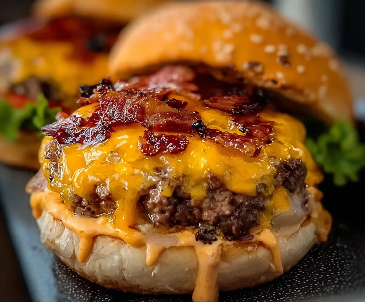 Delicious Crack Burgers with melted cheese and crispy bacon on a sesame seed bun