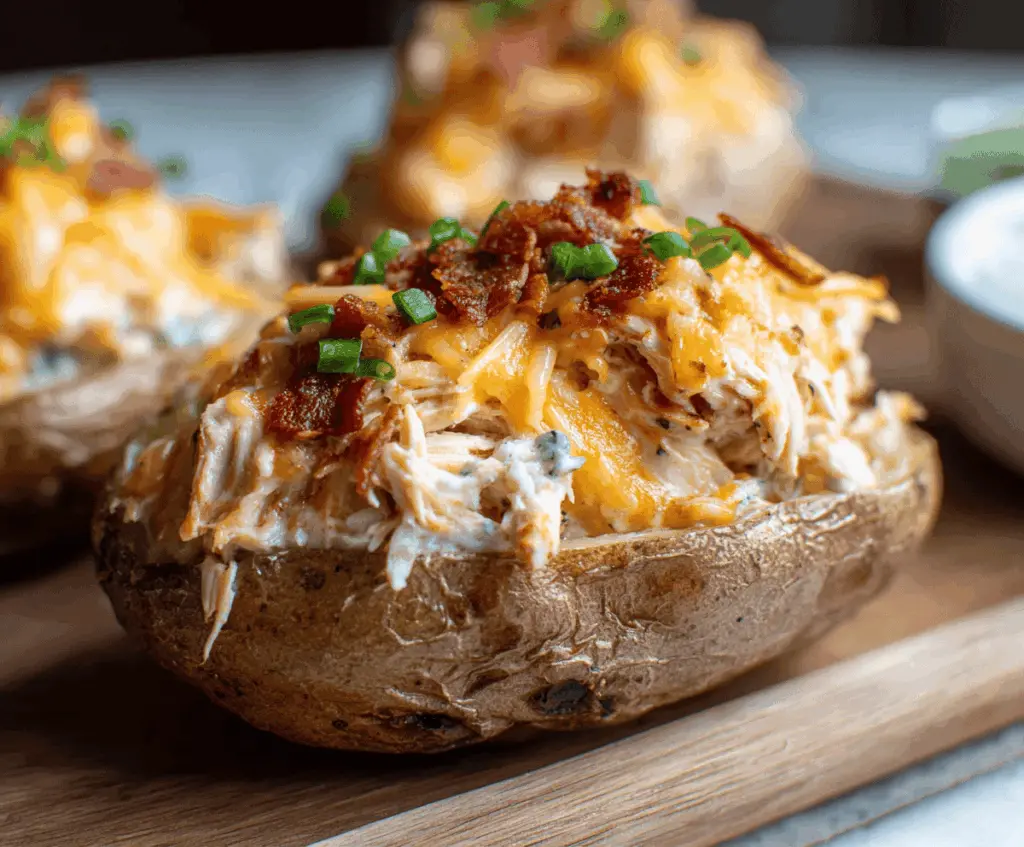 Delicious Crack Chicken Stuffed Potatoes topped with melted cheese and crispy bacon pieces.