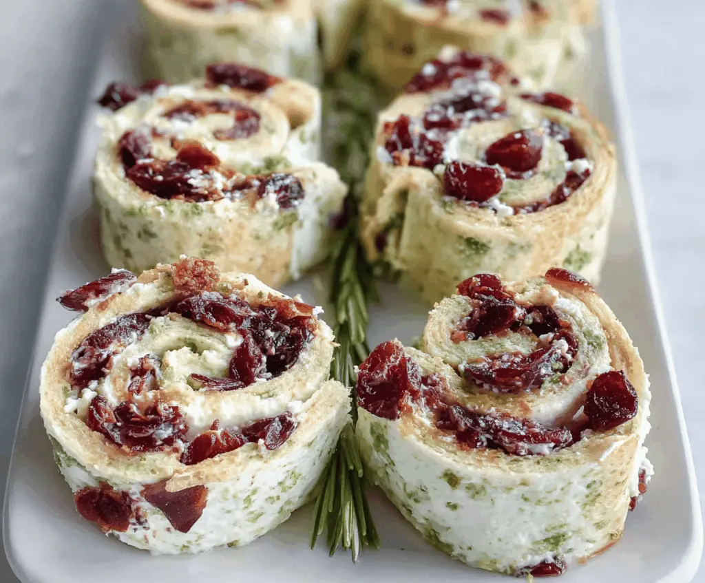 Cranberry and feta-filled pinwheels wrapped in crepe with cream cheese filling for a festive appetizer.