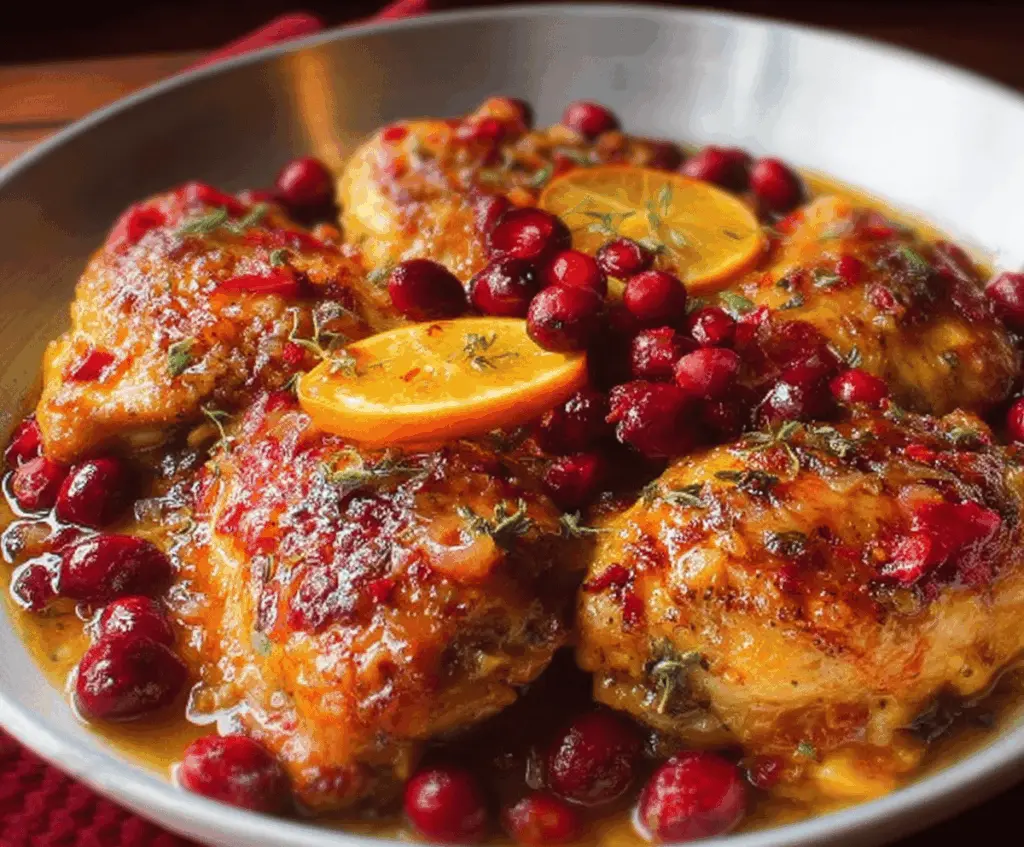 Juicy Cranberry Orange Chicken served with fresh herbs on a white plate