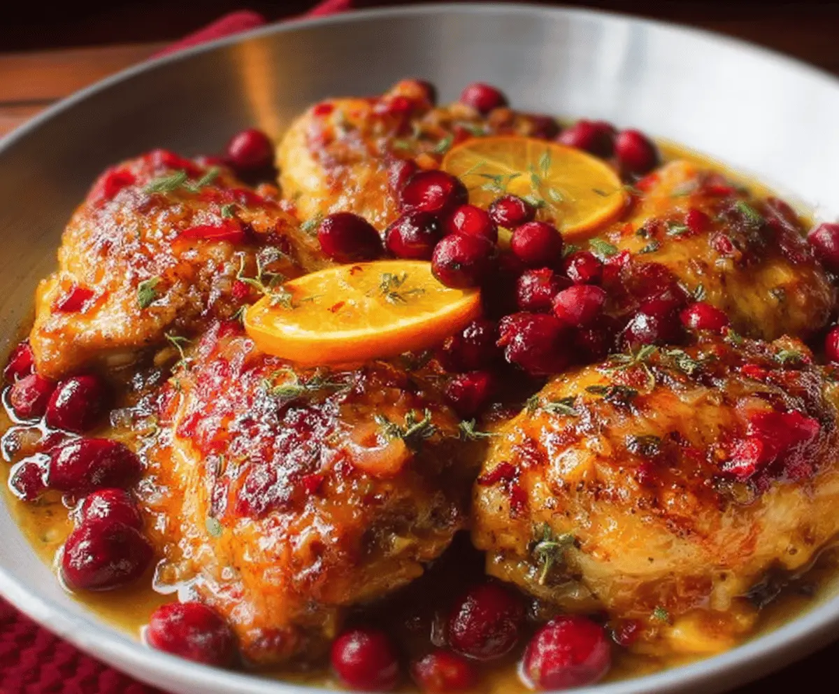 Juicy Cranberry Orange Chicken served with fresh herbs on a white plate