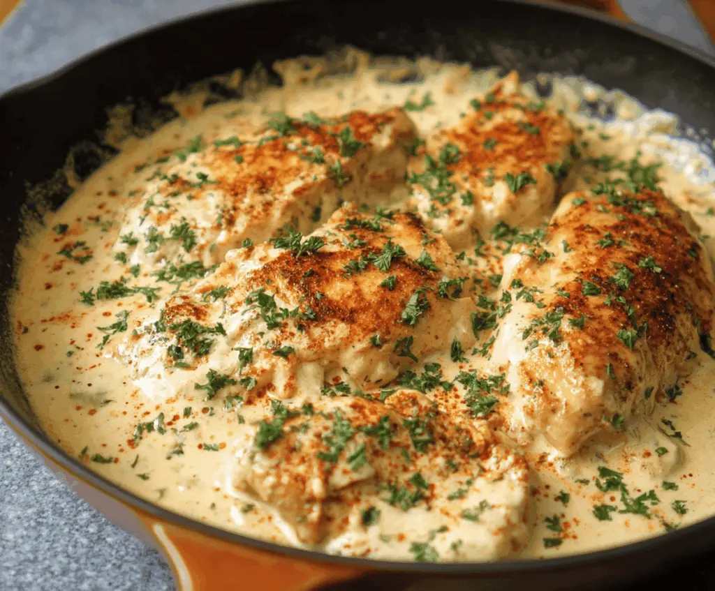 Cream Cheese Chicken dish with tender chicken breasts topped with creamy cheese sauce, garnished with herbs.