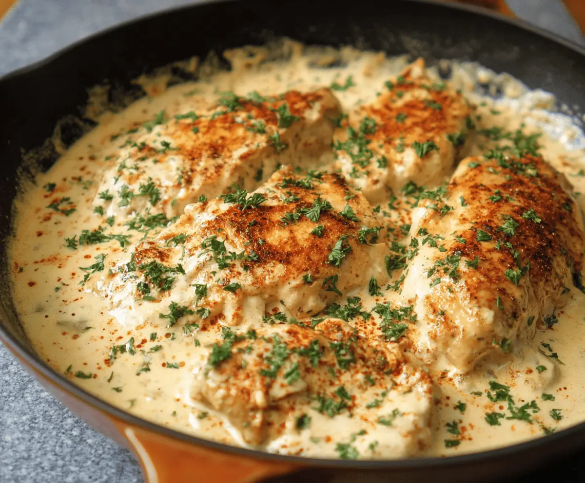Cream Cheese Chicken dish with tender chicken breasts topped with creamy cheese sauce, garnished with herbs.