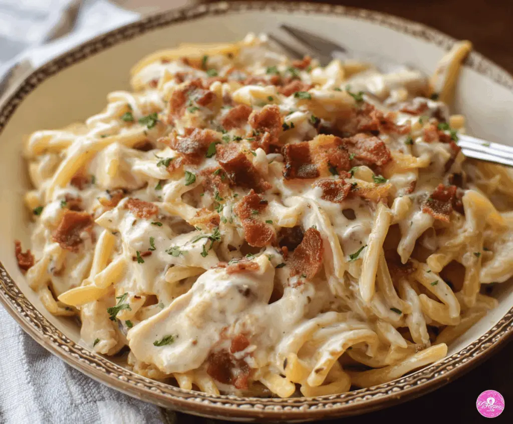 Creamy chicken bacon ranch pasta served in a bowl with herbs and cheese.