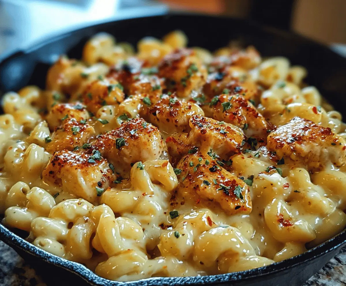 Creamy Honey Pepper Chicken Mac and Cheese served in a white bowl, showcasing golden melted cheese, tender chicken pieces, and a drizzle of honey for a sweet and savory flavor.