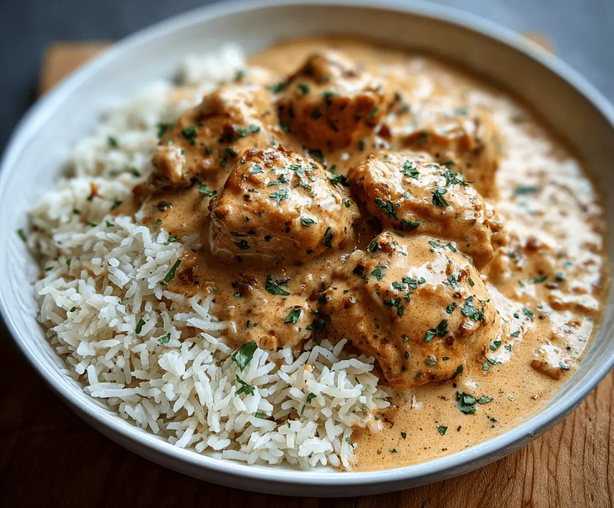 Creamy smothered chicken served over rice with a rich sauce and fresh herbs.