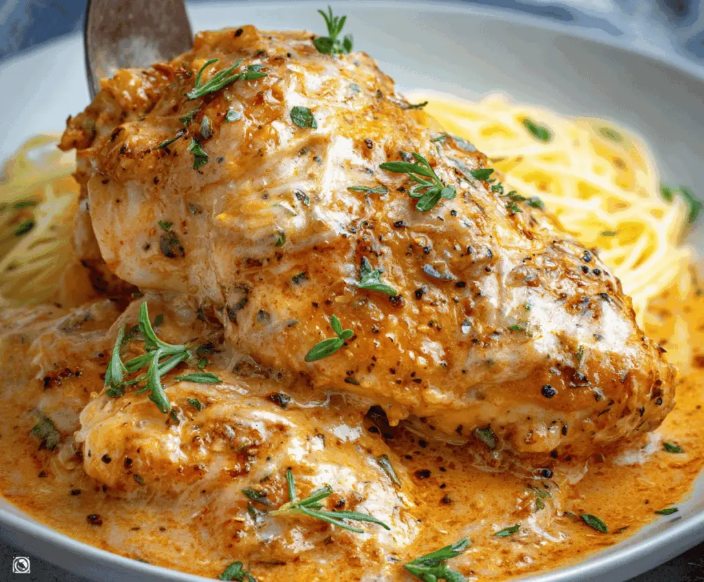 Creamy Crockpot Angel Chicken served with rice and green beans, showcasing tender, flavorful poultry in a rich sauce.