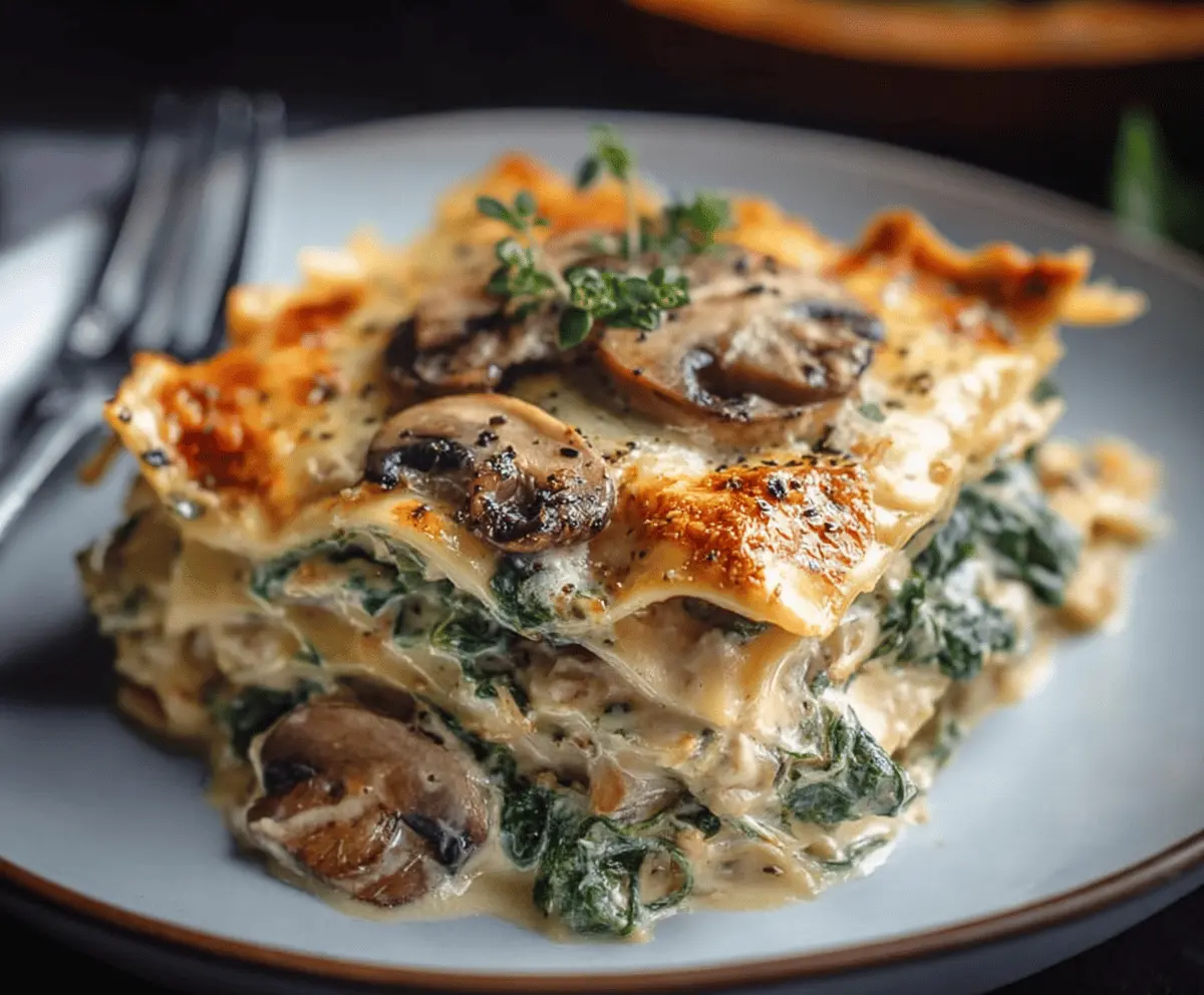 Creamy spinach and mushroom lasagna layered with rich cheese in a baking dish.