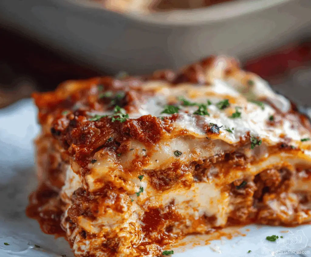 Delicious homemade lasagna with layers of cheese, sauce, and pasta ready to serve.