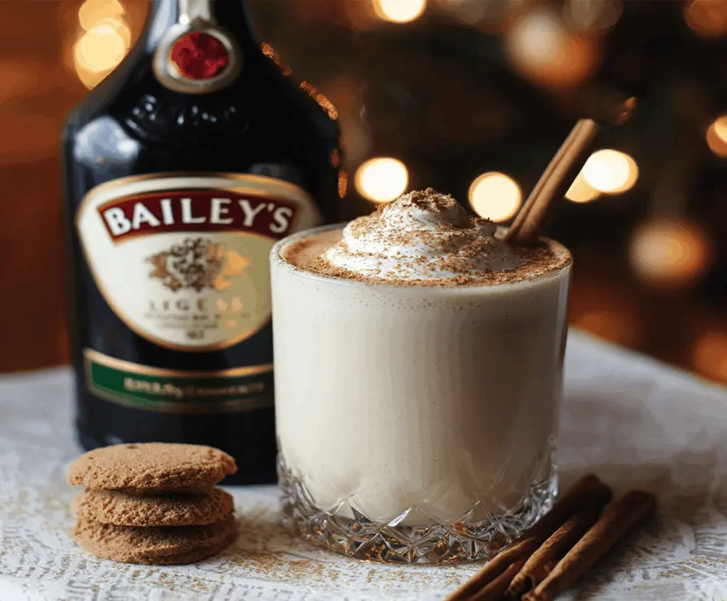 Creamy Eggnog with Baileys Irish Cream in a festive glass, perfect for holiday celebrations