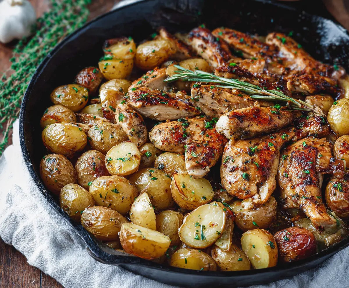 Delicious Garlic Butter Chicken with roasted potatoes in a skillet, garnished with herbs.