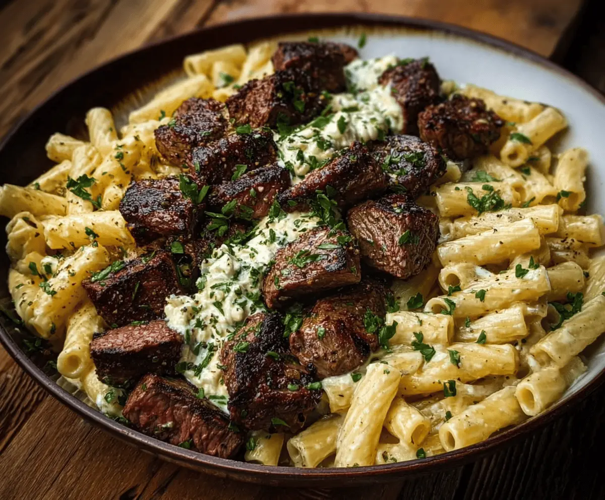 Garlic Butter Steak Tips & Cheesy Rigatoni