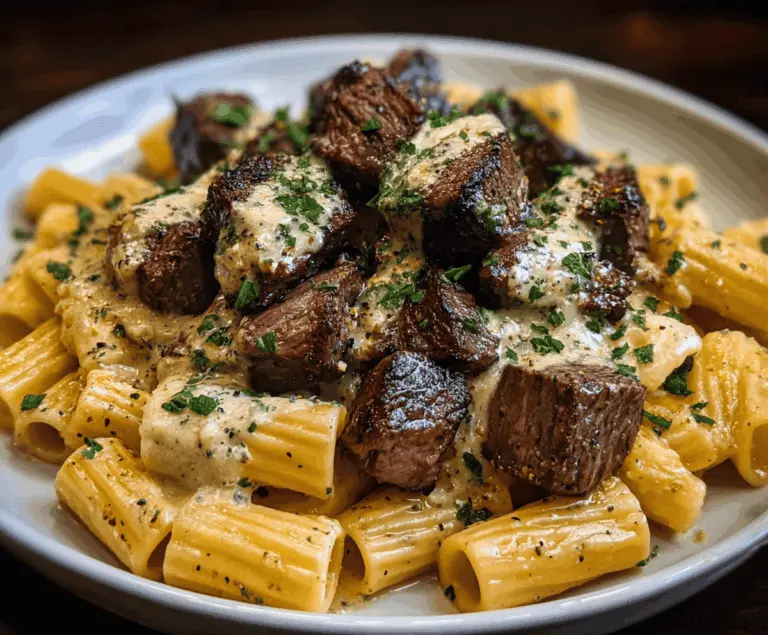 Garlic Butter Steak Tips with Cheesy Rigatoni