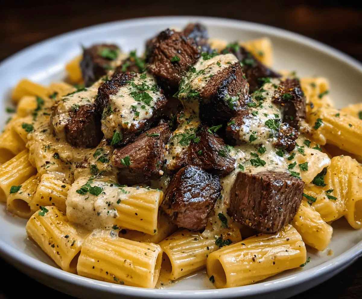 Juicy garlic butter steak tips served alongside cheesy rigatoni pasta in a delicious and hearty meal.