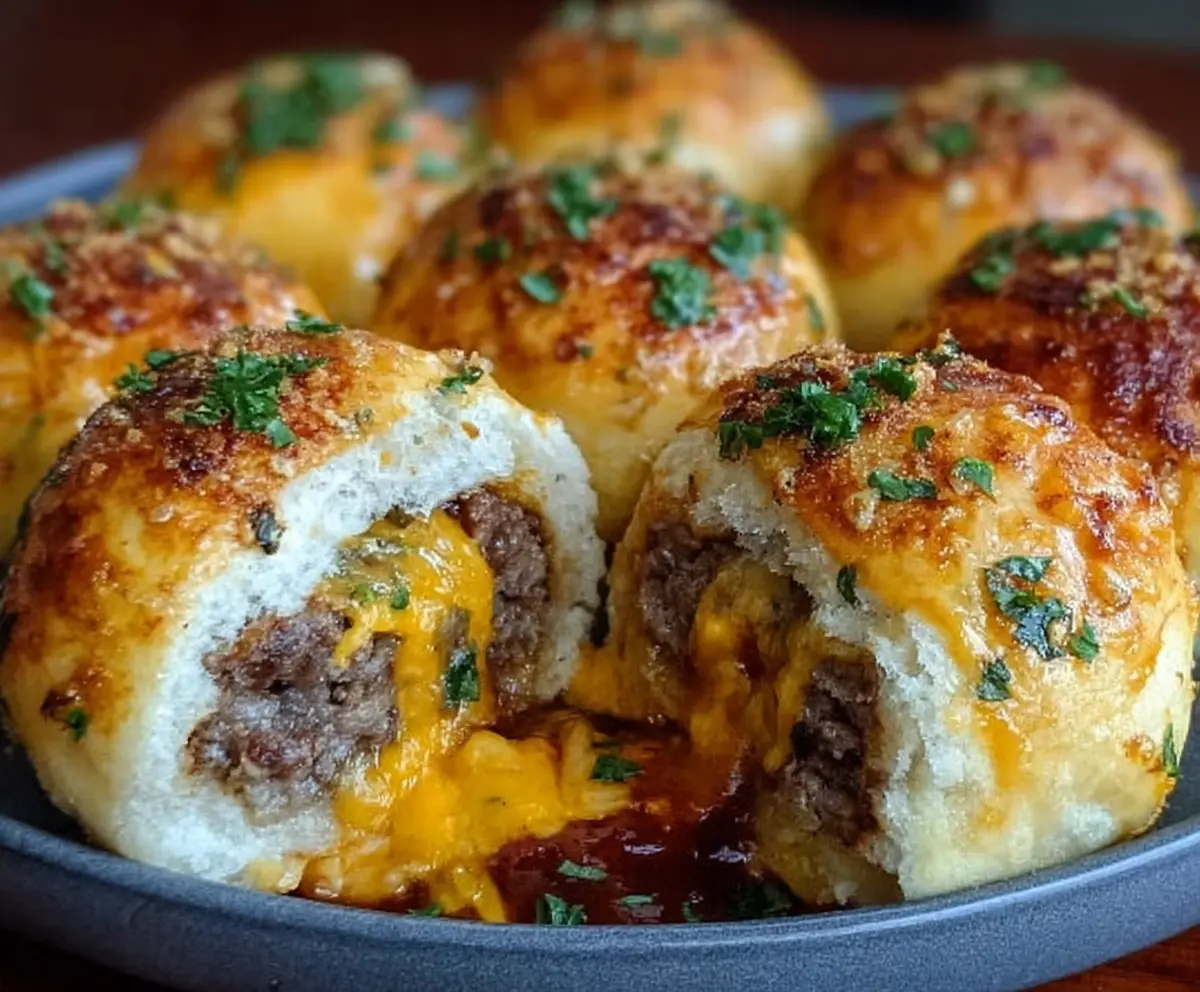 Delicious Garlic Parmesan Cheeseburger Bombs with melted cheese, crispy exterior, and savory garlic flavor on a white plate.