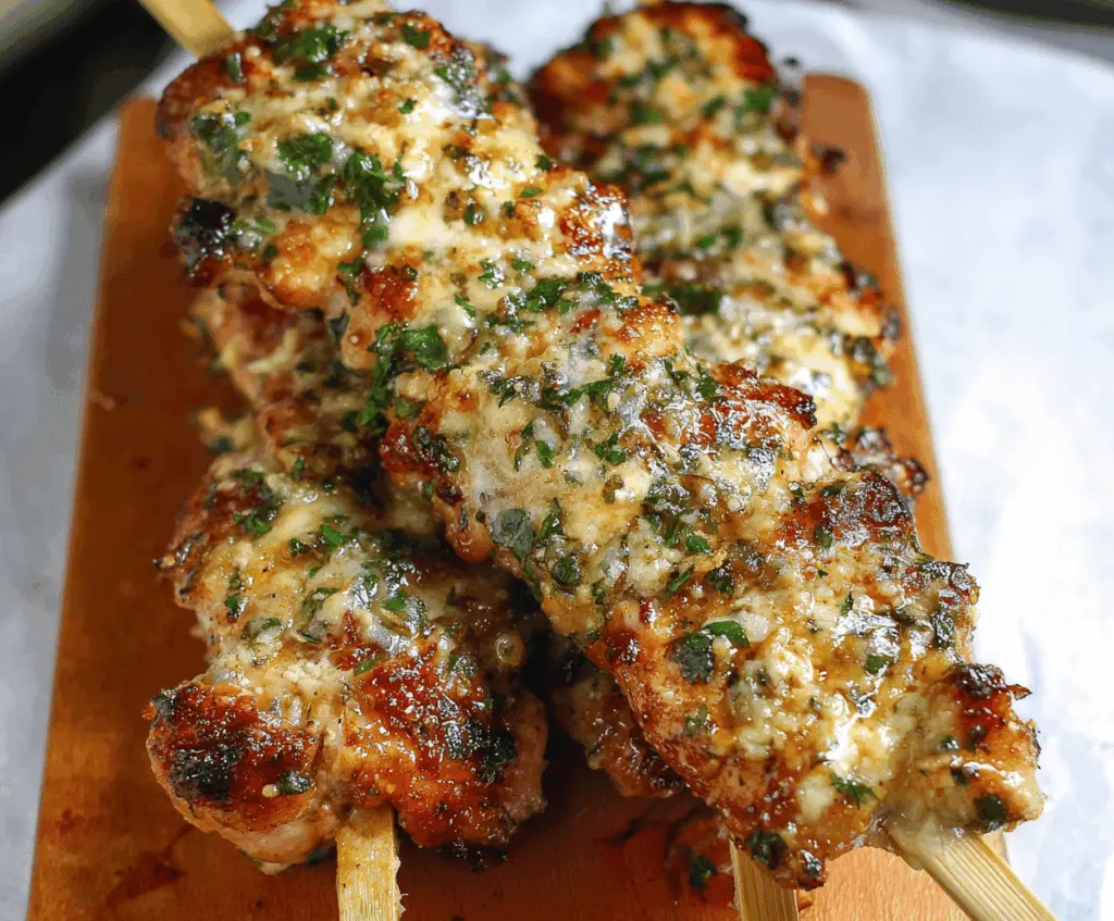 Juicy garlic Parmesan chicken skewers grilled to perfection with herbs and melted cheese.