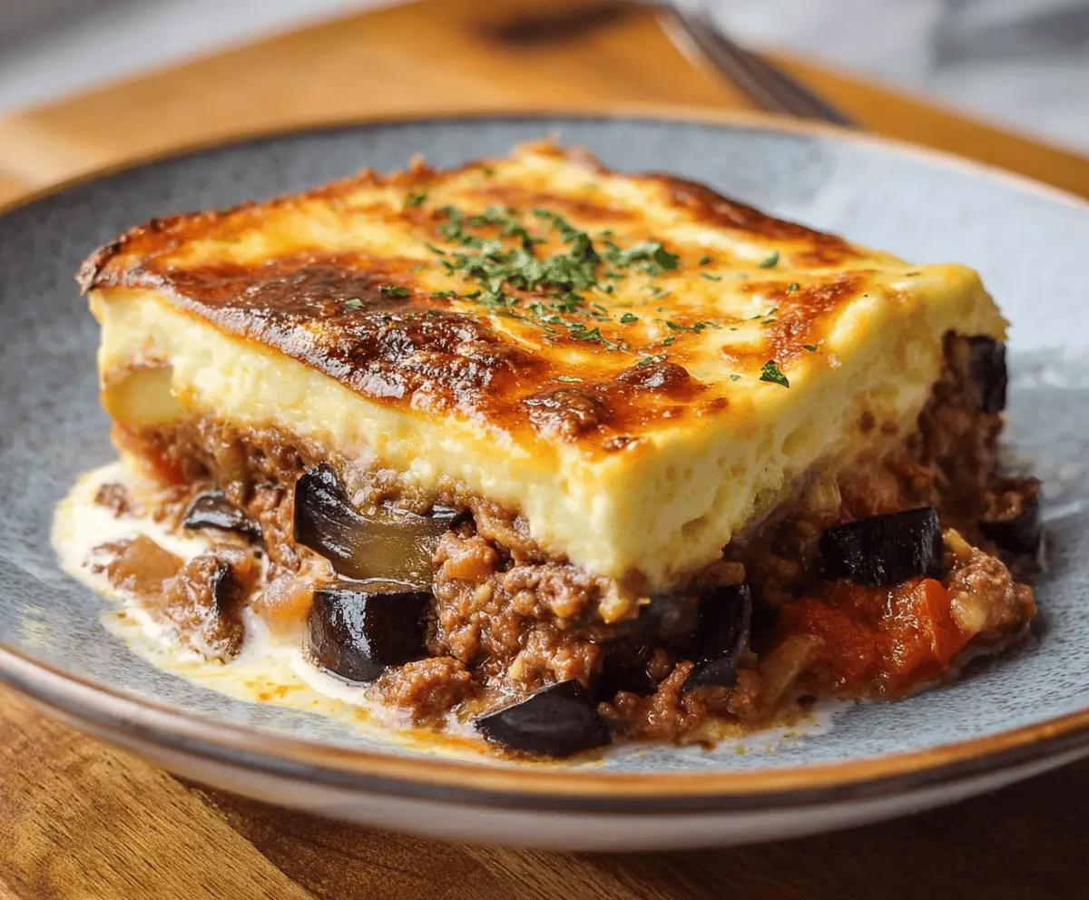 Delicious Greek Moussaka with layers of eggplant, potatoes, and ground meat topped with béchamel sauce