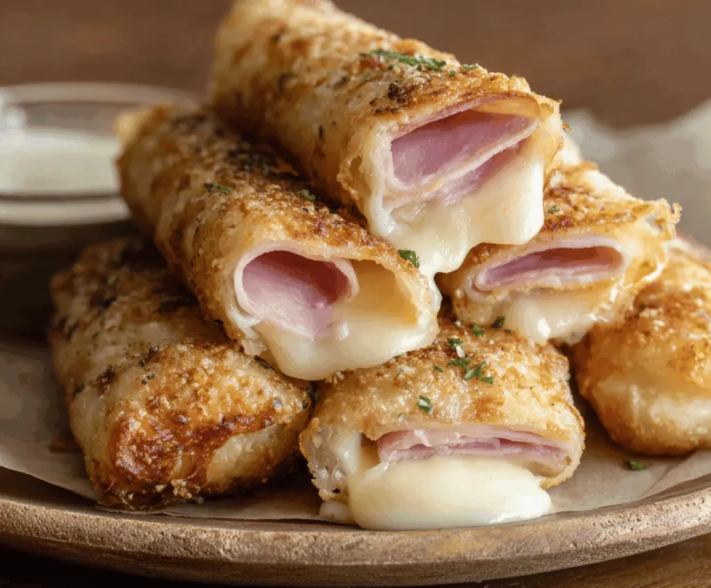 Delicious homemade ham and cheese sticks, crispy and golden brown, perfect for snacks or parties.
