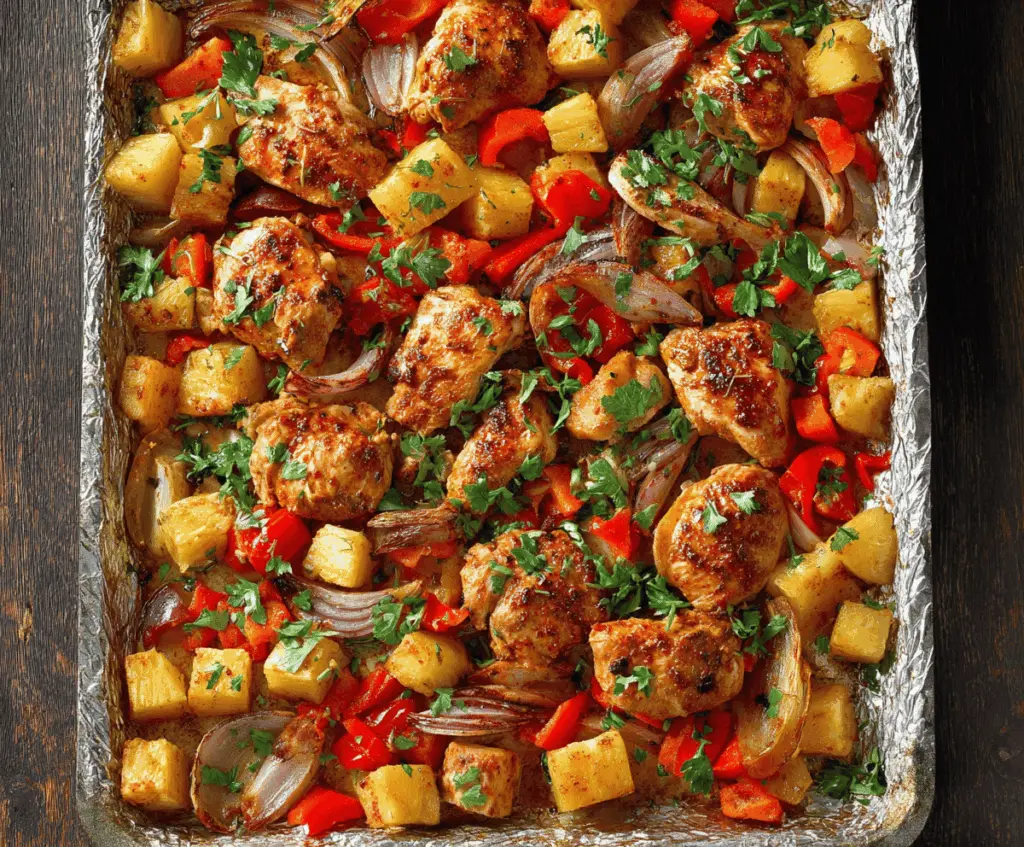 Delicious Hawaiian Chicken Sheet Pan with pineapple, bell peppers, and teriyaki sauce served on a baking sheet