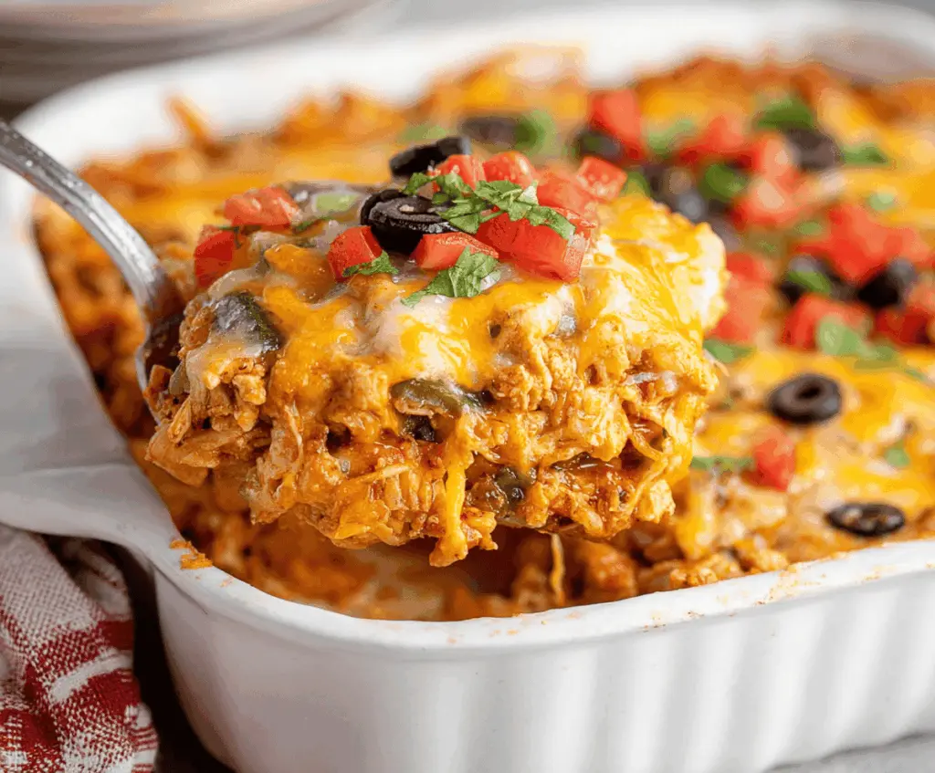 Healthy chicken taco casserole topped with fresh vegetables and melted cheese in a baking dish.
