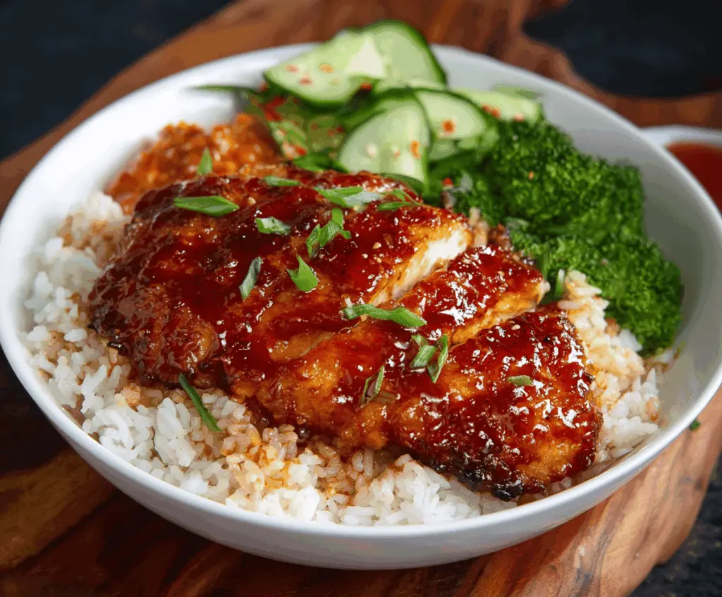 Delicious honey BBQ chicken served over fluffy rice, perfect for a flavorful meal