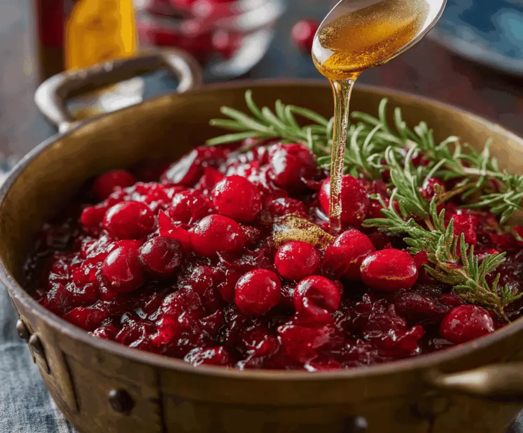 Delicious honey bourbon cranberry sauce in a bowl, perfect for holiday desserts and roasts.