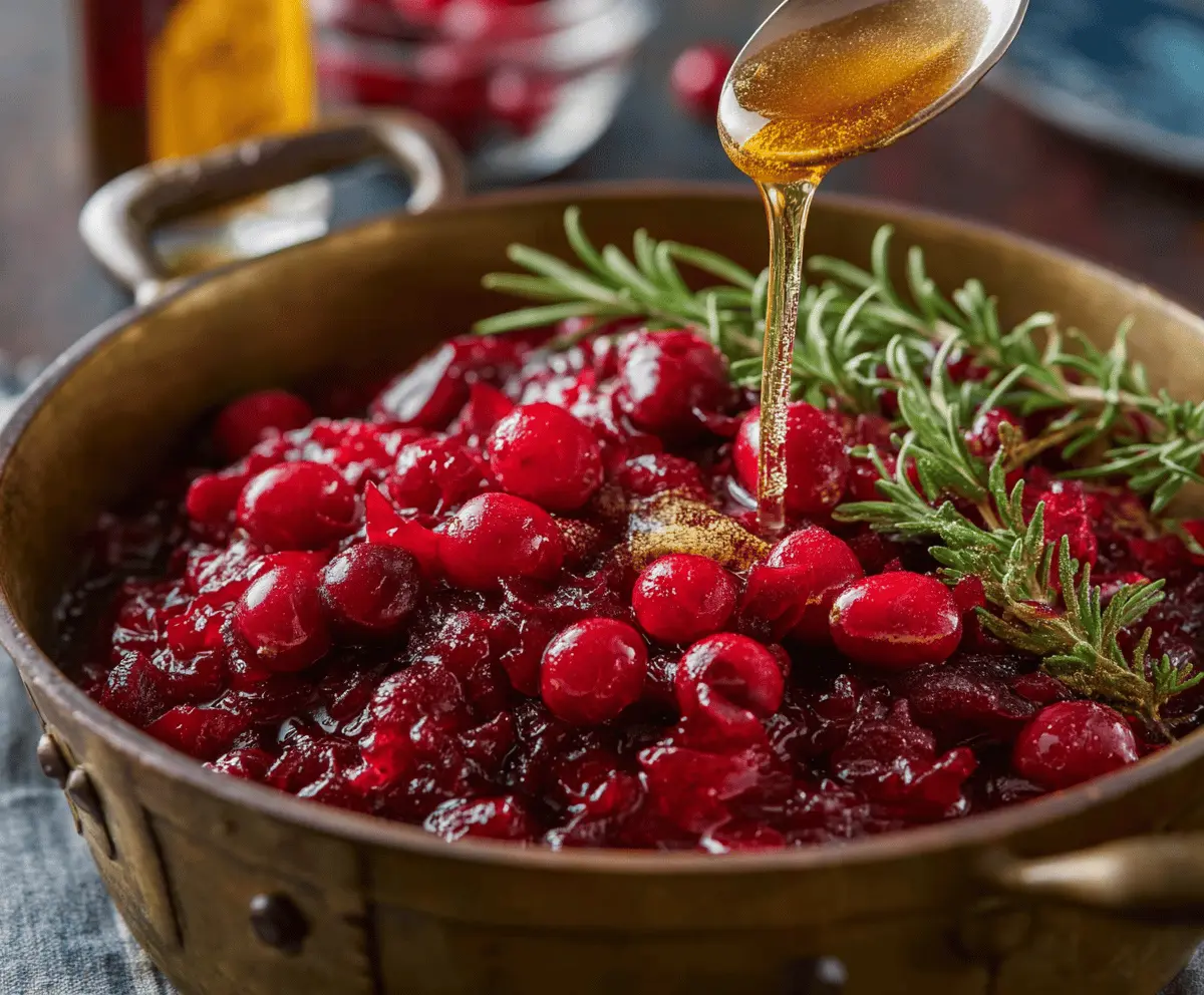 Delicious honey bourbon cranberry sauce in a bowl, perfect for holiday desserts and roasts.