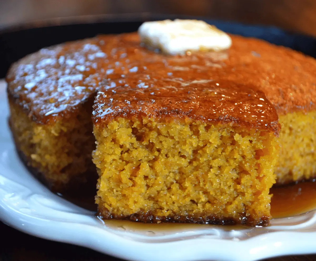 Delicious Honey Butter Sweet Potato Cornbread fresh out of the oven with golden crust and moist texture