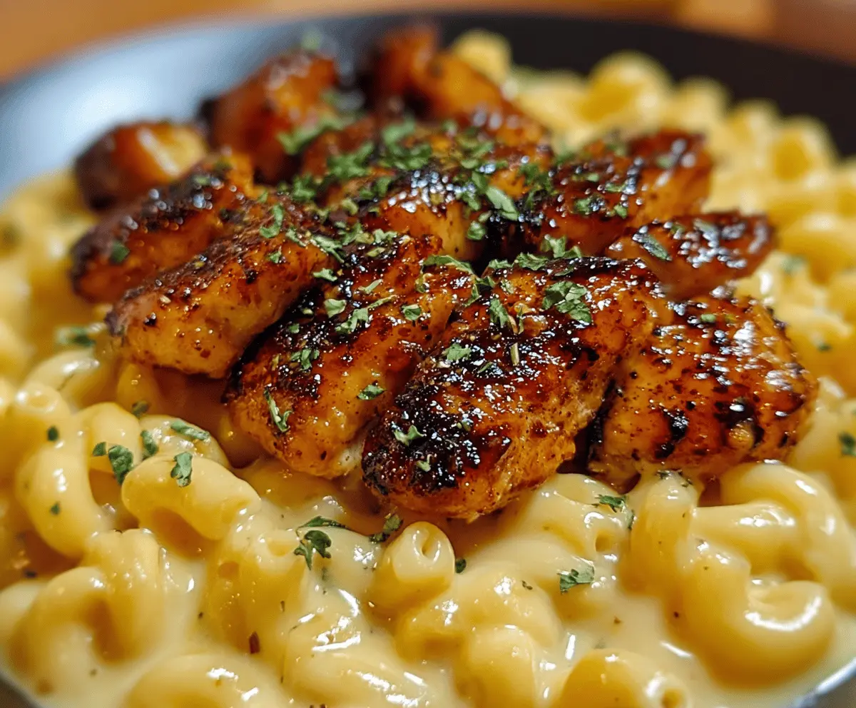 Delicious Honey Pepper Chicken served with creamy macaroni cheese on a stylish plate