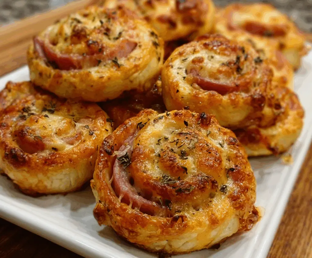 Delicious hot ham and cheese pinwheels fresh out of the oven, perfect for snacking or parties.