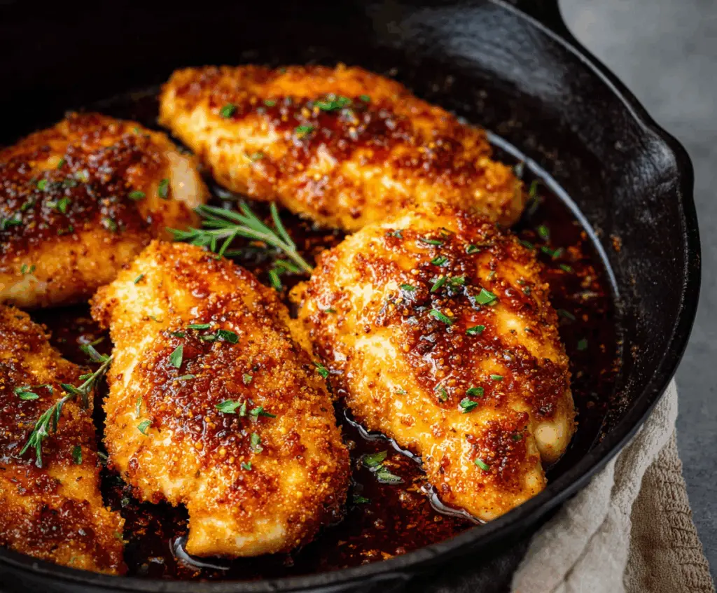 Succulent baked chicken breasts drizzled with hot honey glaze, garnished with herbs for a flavorful meal.