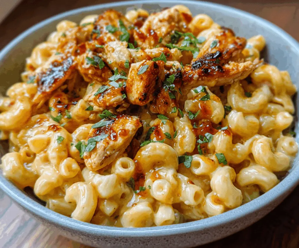 Delicious Hot Honey Chicken Mac and Cheese served in a bubbling casserole dish, showcasing creamy cheese, tender chicken, and a spicy honey glaze.