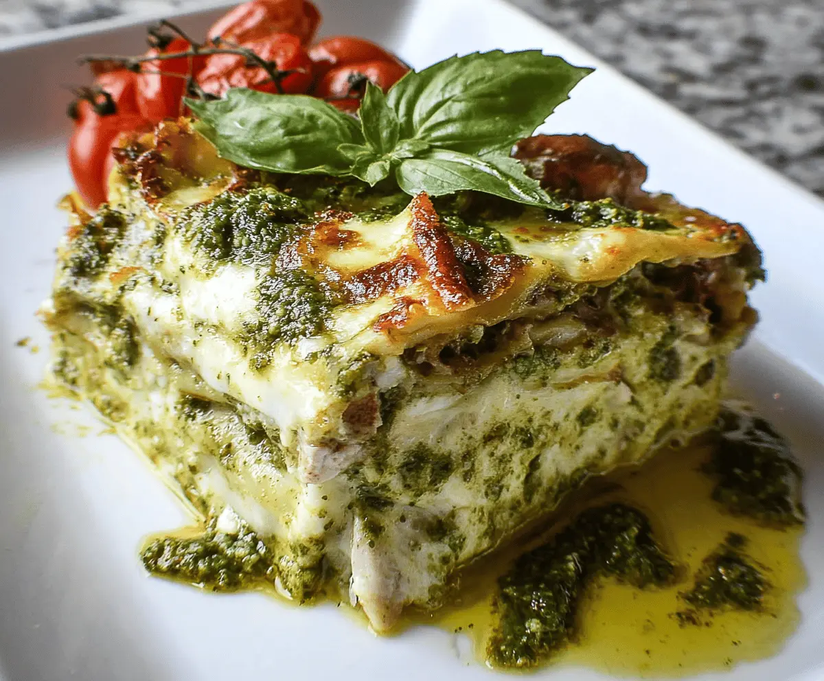 Delicious homemade lasagna al pesto with layers of pasta, basil pesto, and melted cheese.