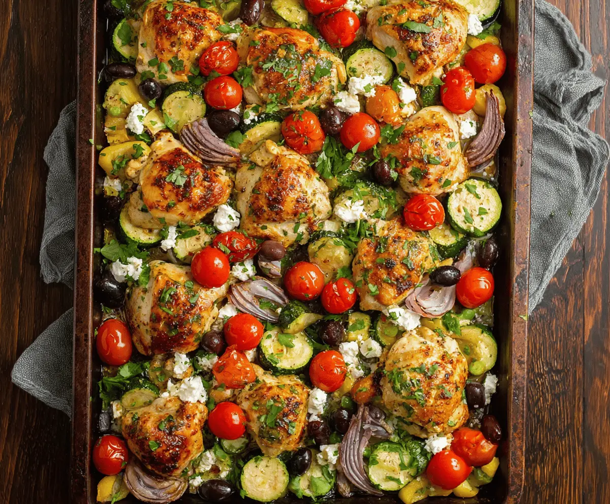 Mediterranean Chicken and Zucchini sheet pan dinner with herbs and vegetables