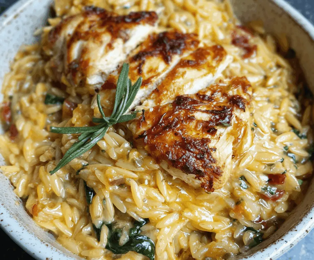 Delicious Monterey Chicken Orzo dish with grilled chicken, melted cheese, and fresh herbs served on a plate.