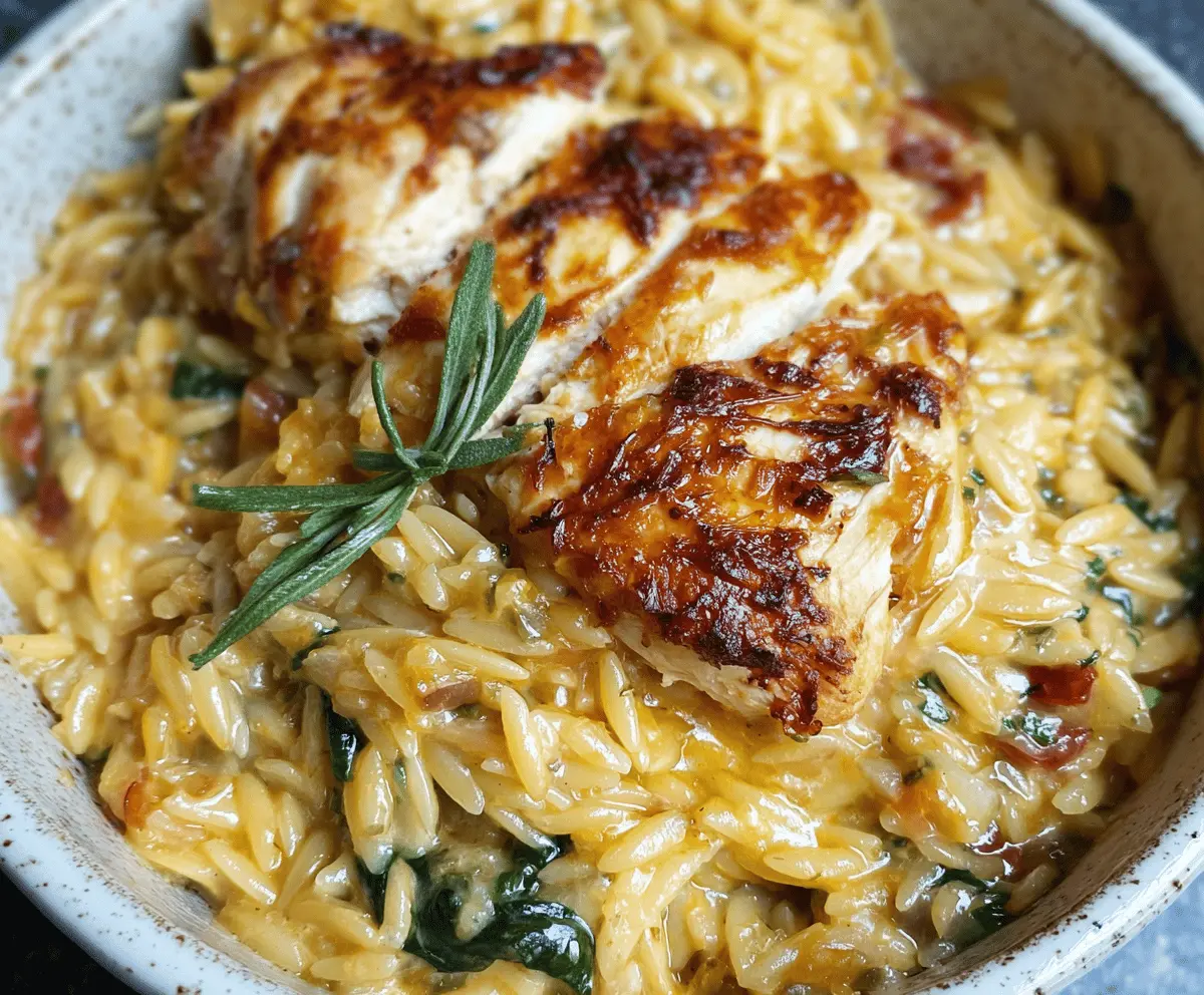 Delicious Monterey Chicken Orzo dish with grilled chicken, melted cheese, and fresh herbs served on a plate.