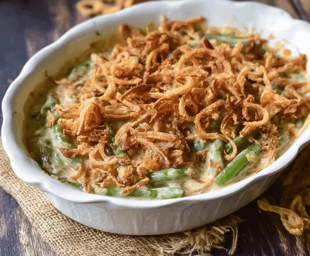 Delicious Campbell's green bean casserole in a baking dish, perfect for holiday dinners
