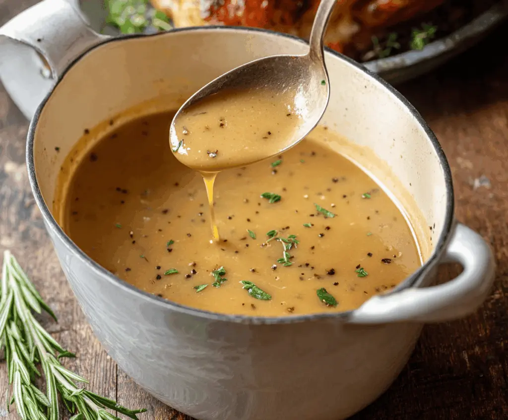 Delicious and rich turkey gravy served in a bowl, perfect for holiday dinners.