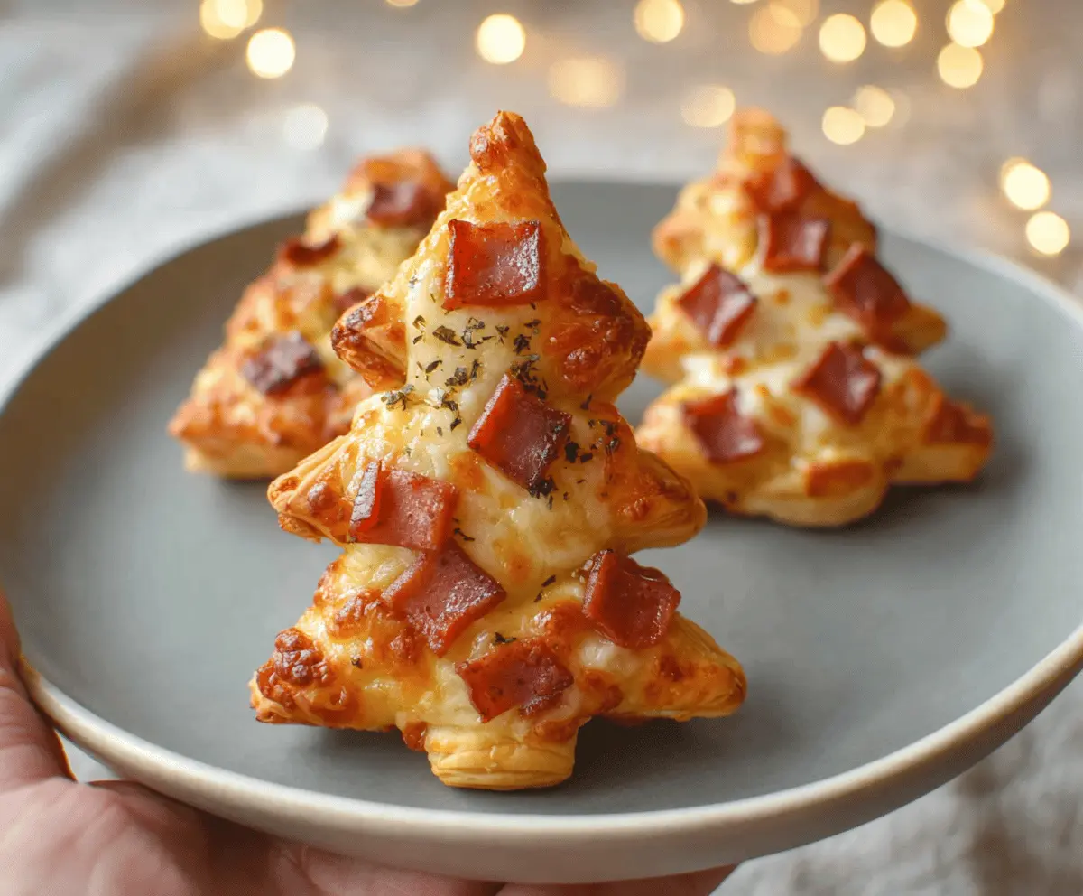 Delicious puff pastry Christmas tree pizza bites garnished with colorful toppings