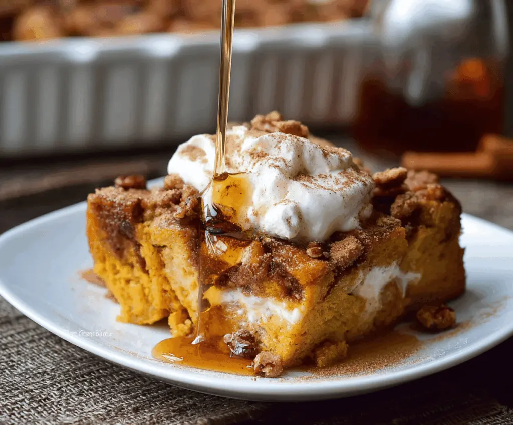 Delicious Pumpkin Spice French Toast Casserole topped with whipped cream and cinnamon for a cozy breakfast.