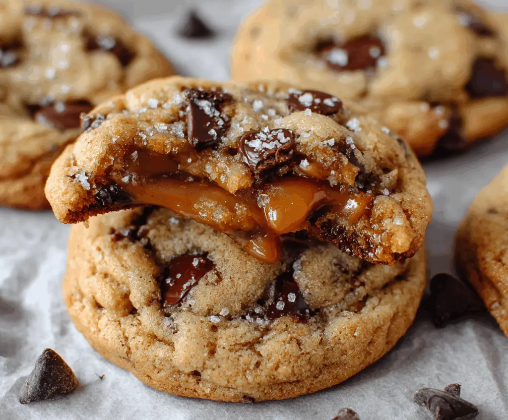 Delicious salted caramel chocolate chip cookies fresh out of the oven.