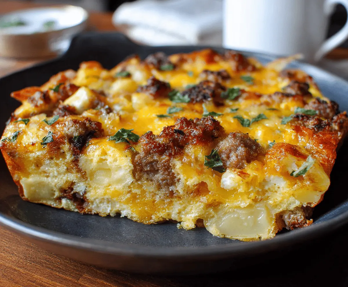 Delicious sausage and egg casserole ready to serve for breakfast or brunch.