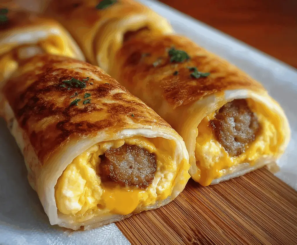 Delicious sausage and egg breakfast roll-ups served on a plate.