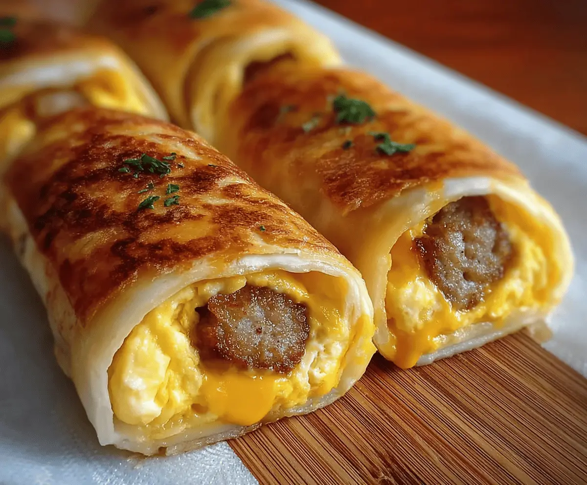 Delicious sausage and egg breakfast roll-ups served on a plate.
