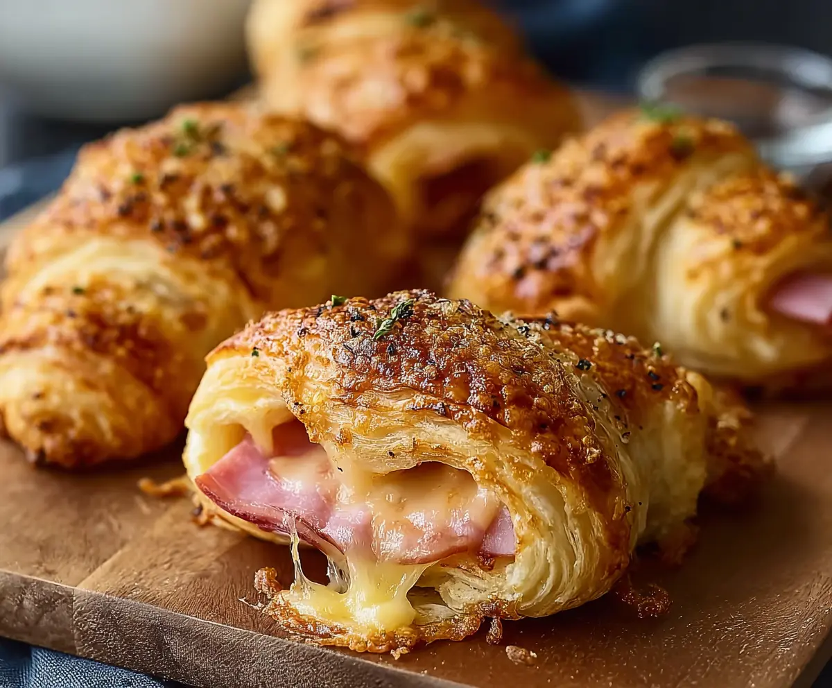 Golden flaky croissants filled with savory ham and melted cheese, perfect for breakfast or snacks.